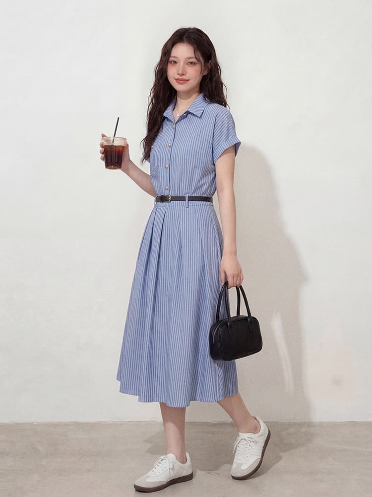 실사 빅 사이즈 여성 의류 여름 새로운 다용도 슬림해 보이는 문예 파란색 드레스 면접 출퇴근 프랑스식 치마 상세 이미지 5