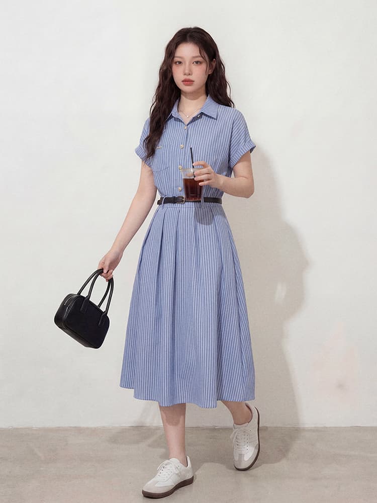 실사 빅 사이즈 여성 의류 여름 새로운 다용도 슬림해 보이는 문예 파란색 드레스 면접 출퇴근 프랑스식 치마 상세 이미지 6