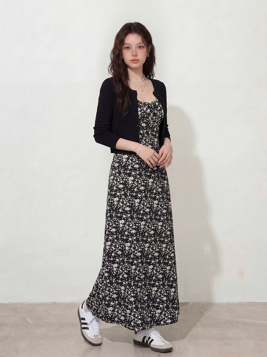 실사 l-4xl 빅 사이즈 여성 의류 썩은 성실 꽃무늬 행침 올인원 벨트 치마 검정색 니트 오픈 가디건 투피스 슈트 이미지 4