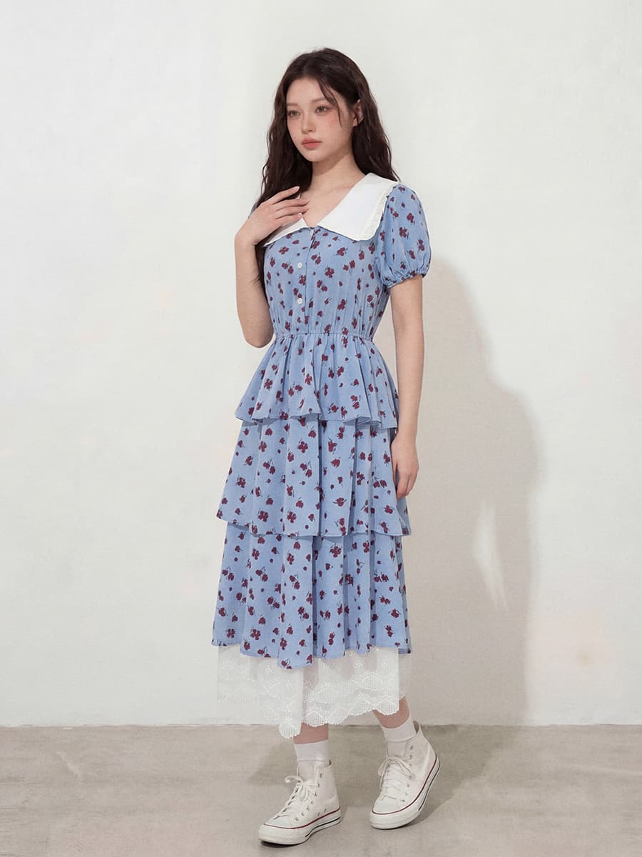 빅 사이즈 여성 의류 l-4xl 프랑스식 작은 대중 꽃무늬 쉬폰 레이스 조각 페이크 레이어드 케이크 요정 롱 스커트 지방 mm 이미지 4
