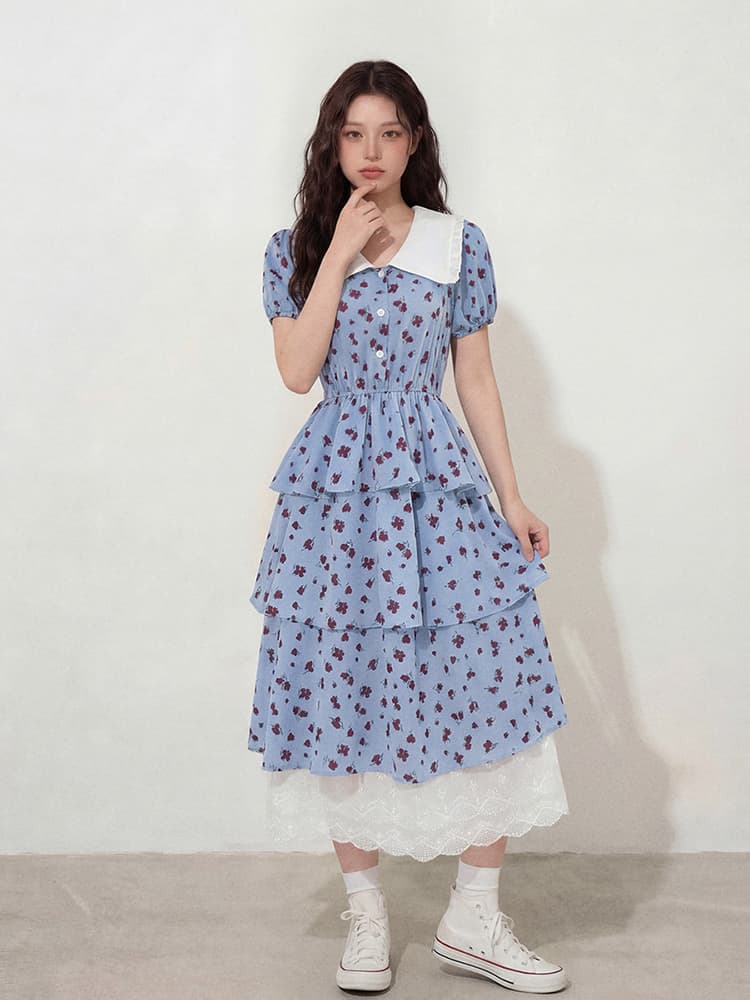 빅 사이즈 여성 의류 l-4xl 프랑스식 작은 대중 꽃무늬 쉬폰 레이스 조각 페이크 레이어드 케이크 요정 롱 스커트 지방 mm 상세 이미지 3
