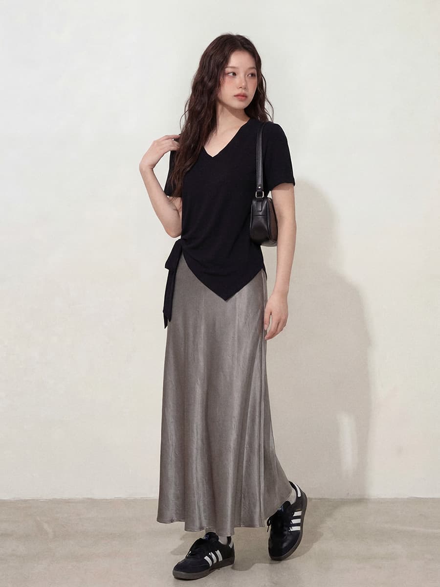 빅 사이즈 l-4xl 여성 의류 점프 슈트 치마 세트 불규칙 긍정적 인 어깨 슬림해 보이는 반팔 티셔츠 여름 지방 mm 한 마디 반신 스커트 이미지 2