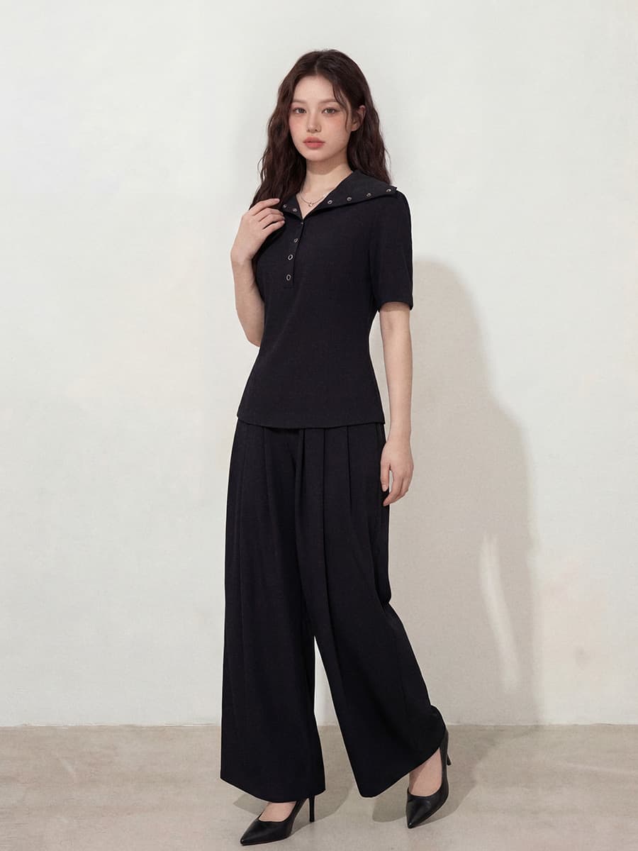 실사 빅 사이즈 여성 의류 세련된 아메리칸 반팔 티셔츠 POLO 셔츠 와이드 레그 팬츠 지방 mm 슬림해 보이는 맨위 여름 세트 이미지 4