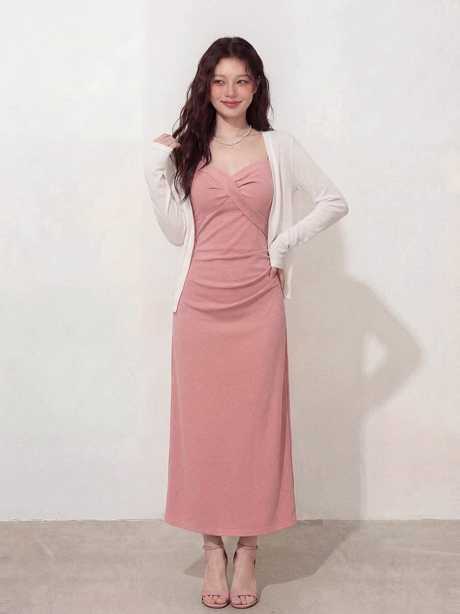 실사 l-4xl 디자인 센스 트임 드레스 허리 수축 슬립 드레스 오픈 가디건 투피스 세트 이미지 2