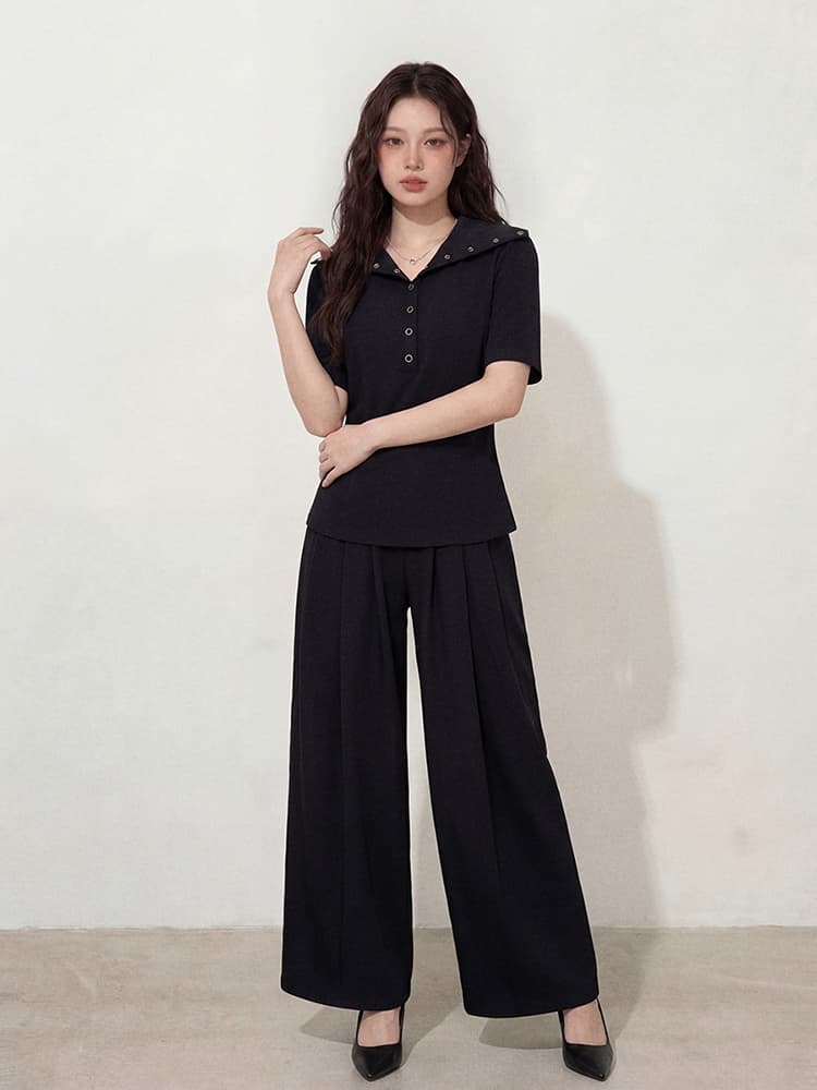 실사 빅 사이즈 여성 의류 세련된 아메리칸 반팔 티셔츠 POLO 셔츠 와이드 레그 팬츠 지방 mm 슬림해 보이는 맨위 여름 세트 상세 이미지 3