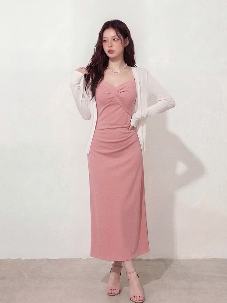 실사 l-4xl 디자인 센스 트임 드레스 허리 수축 슬립 드레스 오픈 가디건 투피스 세트 상세 이미지 10