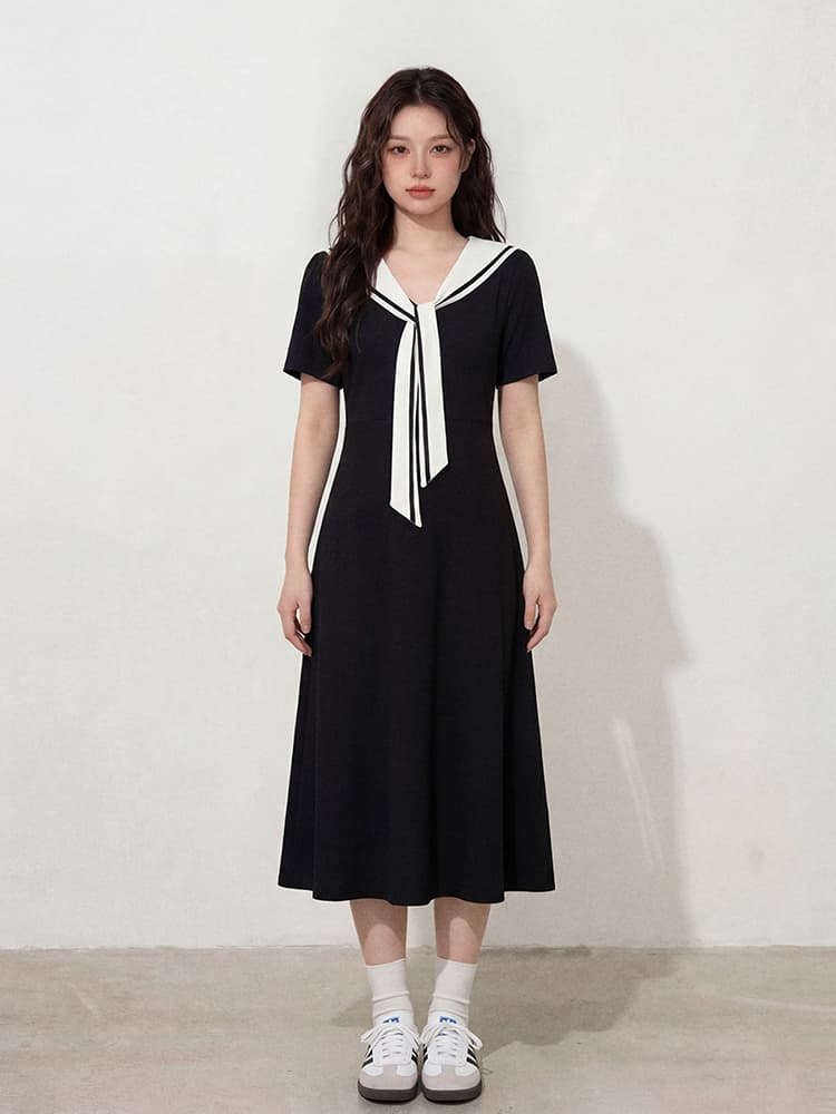 실사 l-4xl 빅 사이즈 여성 의류 여름 한 부서 해군 칼라 학원 스타일 길다 쇼트 스타일 지방 mm 슬림해 보이는 드레스 상세 이미지 1