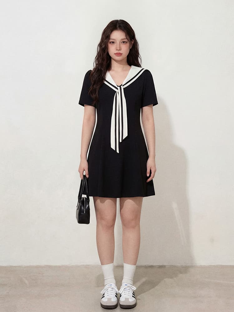 실사 l-4xl 빅 사이즈 여성 의류 여름 한 부서 해군 칼라 학원 스타일 길다 쇼트 스타일 지방 mm 슬림해 보이는 드레스 상세 이미지 2