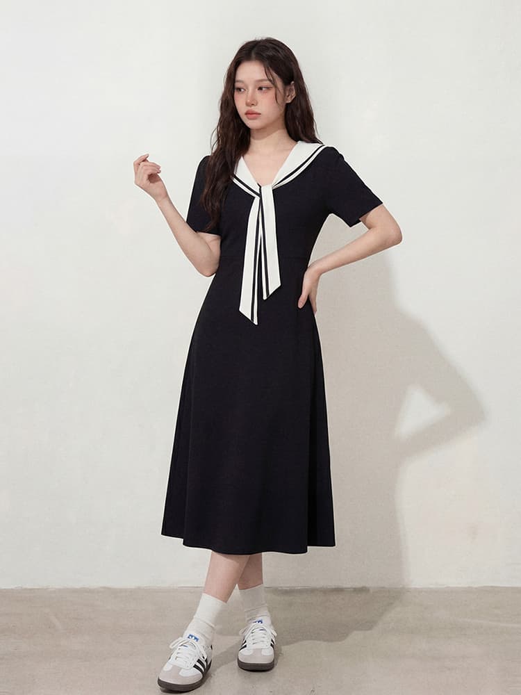 실사 l-4xl 빅 사이즈 여성 의류 여름 한 부서 해군 칼라 학원 스타일 길다 쇼트 스타일 지방 mm 슬림해 보이는 드레스 상세 이미지 4