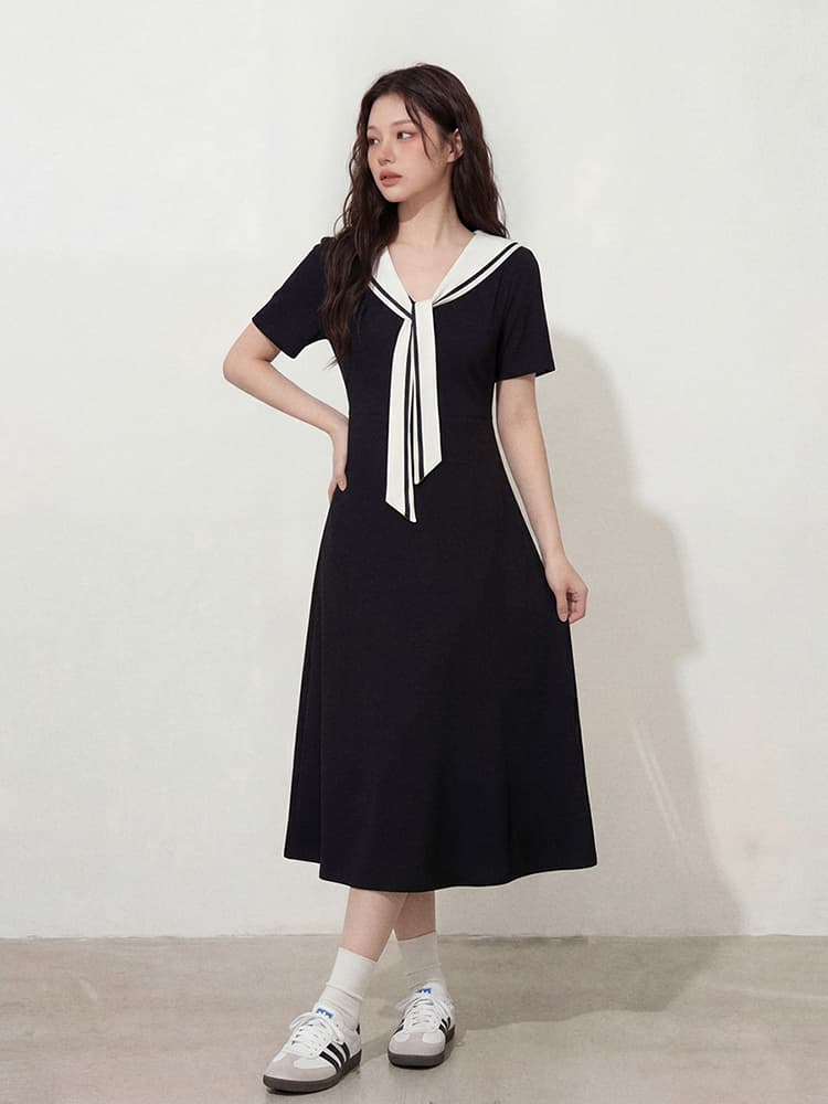 실사 l-4xl 빅 사이즈 여성 의류 여름 한 부서 해군 칼라 학원 스타일 길다 쇼트 스타일 지방 mm 슬림해 보이는 드레스 상세 이미지 6