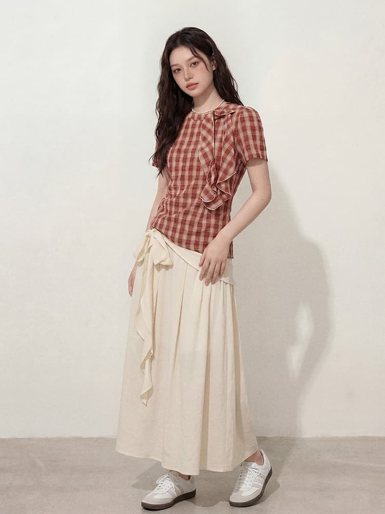 실사 빅 사이즈 여성 의류 여름 새로운 한 부서 품격 라운드 넥 체크무늬 반팔 꽃 맨위 디자인 센스 반신 스커트 상세 이미지 4