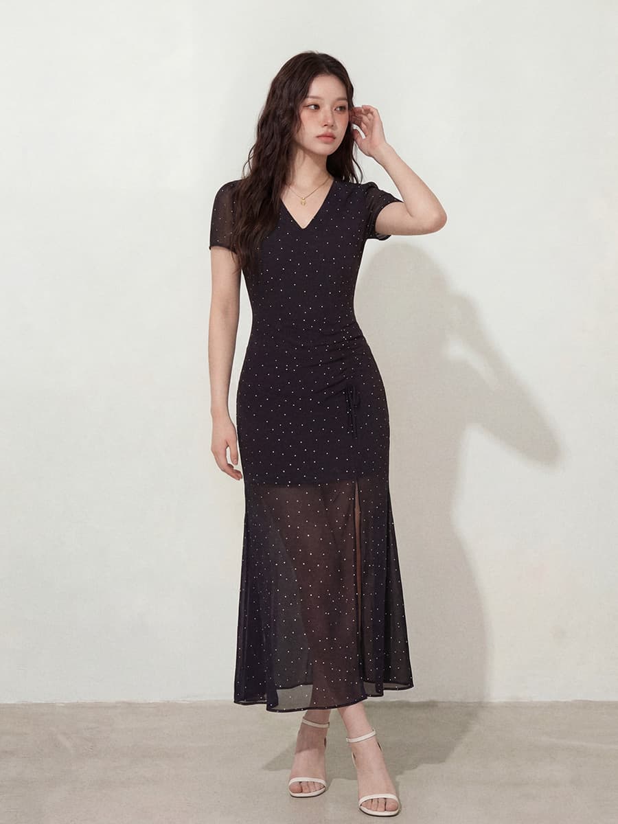 실사 s-4xl 빅 사이즈 여성 의류 여름 검정색 프랑스식 도트 무늬 펌프 로프 V넥 슬림해 보이는 반팔 점프 슈트 롱 스커트 이미지 2