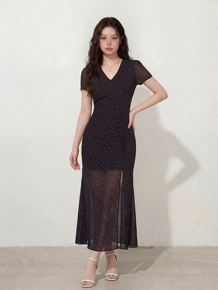 실사 s-4xl 빅 사이즈 여성 의류 여름 검정색 프랑스식 도트 무늬 펌프 로프 V넥 슬림해 보이는 반팔 점프 슈트 롱 스커트 상세 이미지 2