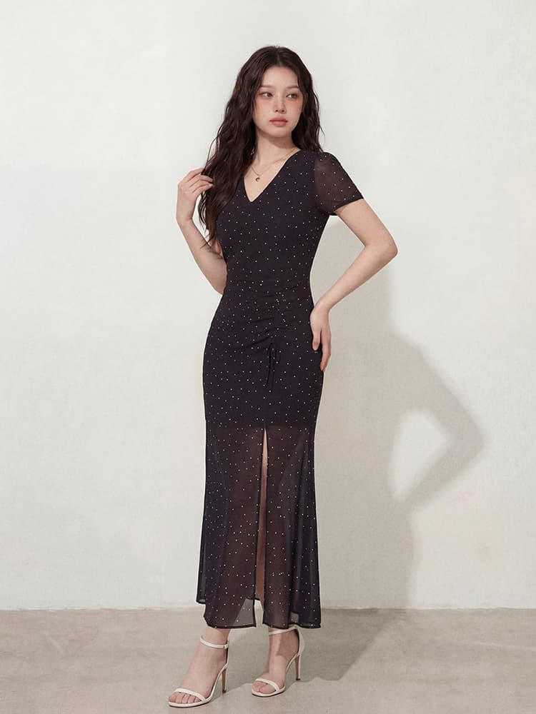 실사 s-4xl 빅 사이즈 여성 의류 여름 검정색 프랑스식 도트 무늬 펌프 로프 V넥 슬림해 보이는 반팔 점프 슈트 롱 스커트 상세 이미지 4