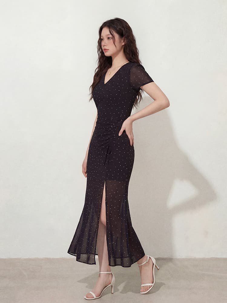 실사 s-4xl 빅 사이즈 여성 의류 여름 검정색 프랑스식 도트 무늬 펌프 로프 V넥 슬림해 보이는 반팔 점프 슈트 롱 스커트 상세 이미지 7