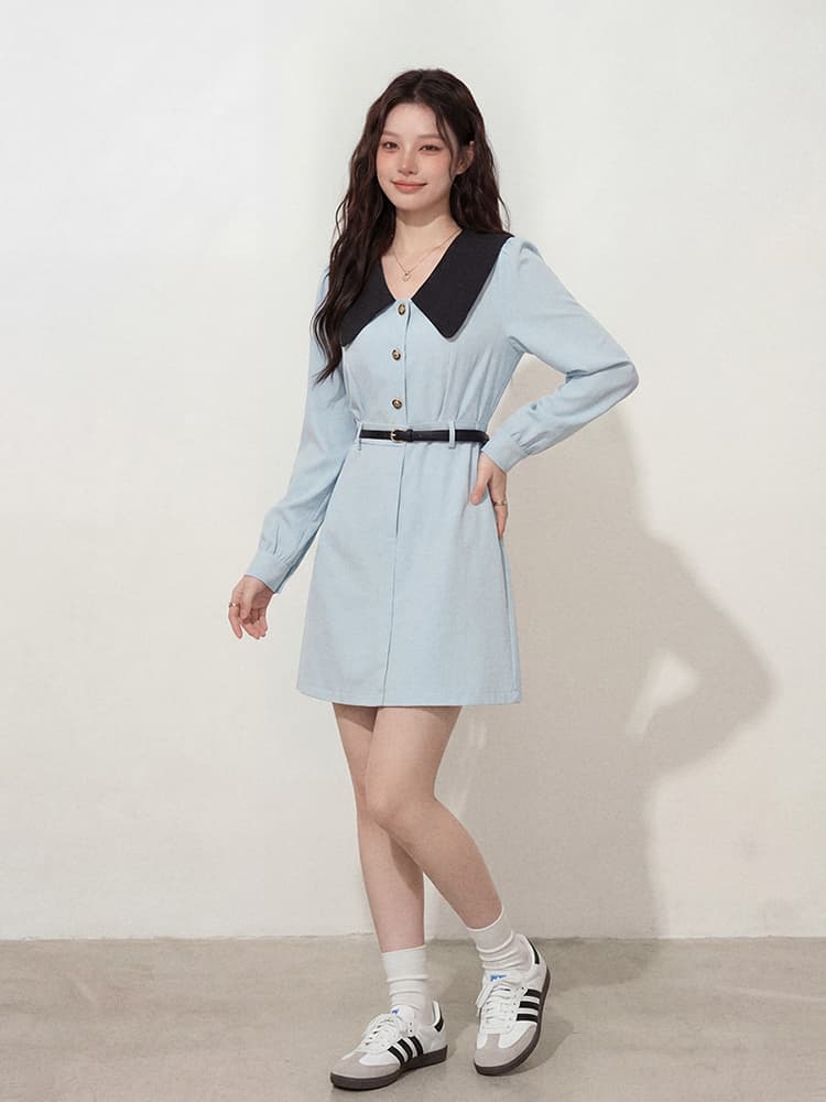 실사 빅 사이즈 여성 의류 학원 스타일 파란색 베이비 칼라 여성 드레스 지방 mm 긴팔 숨기기 고기 슬림해 보이는 드레스 상세 이미지 5