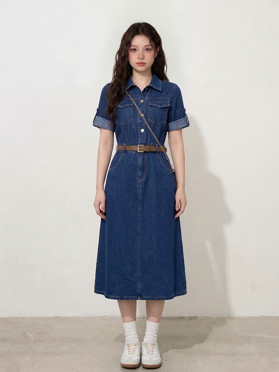 실사 l-4xl 빅 사이즈 여성 의류 여름 새로운 지방 mm 허리 수축 슬림해 보이는 길다 쇼트 스타일 반팔 데님 드레스
