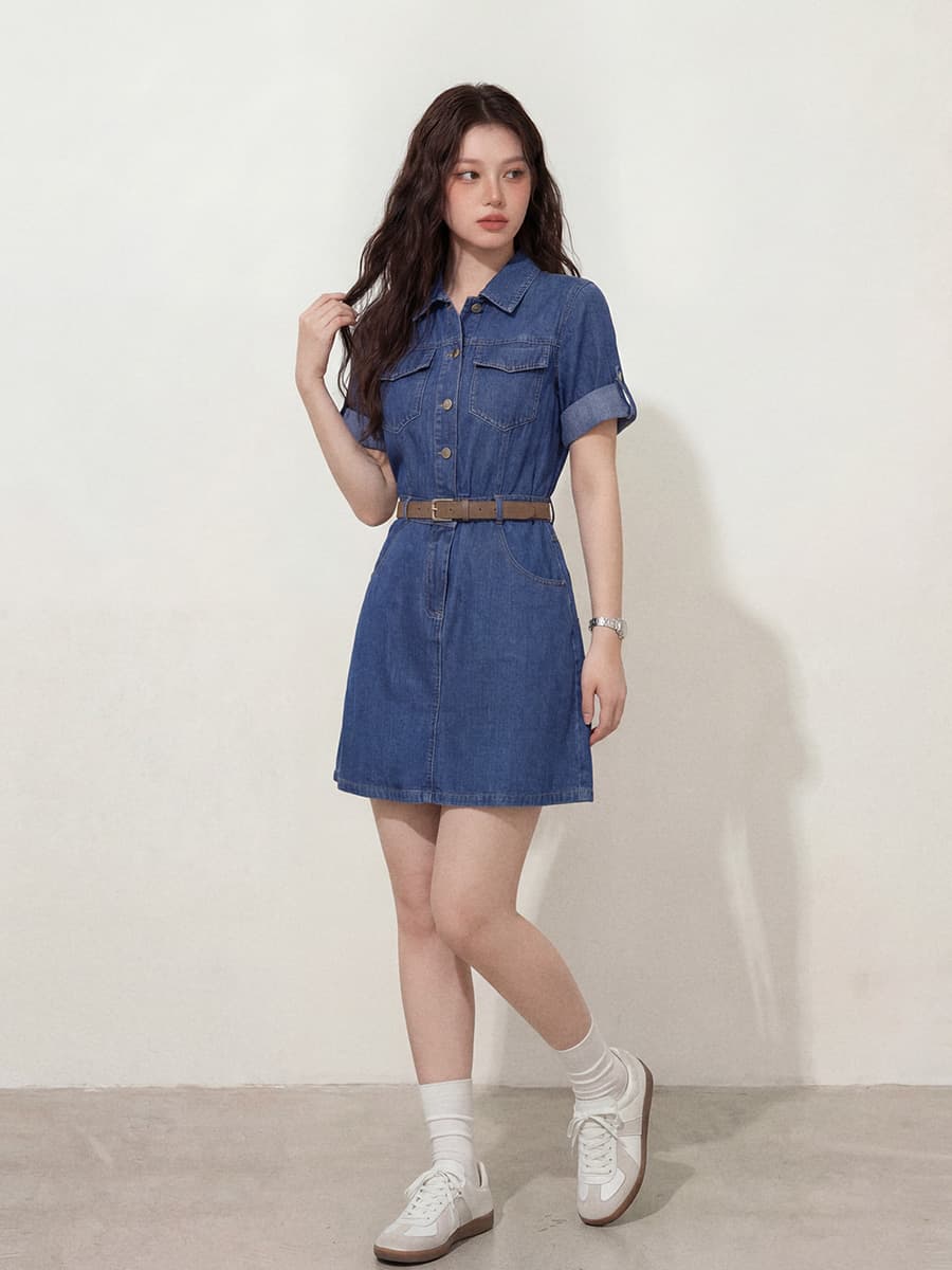 실사 l-4xl 빅 사이즈 여성 의류 여름 새로운 지방 mm 허리 수축 슬림해 보이는 길다 쇼트 스타일 반팔 데님 드레스 이미지 2