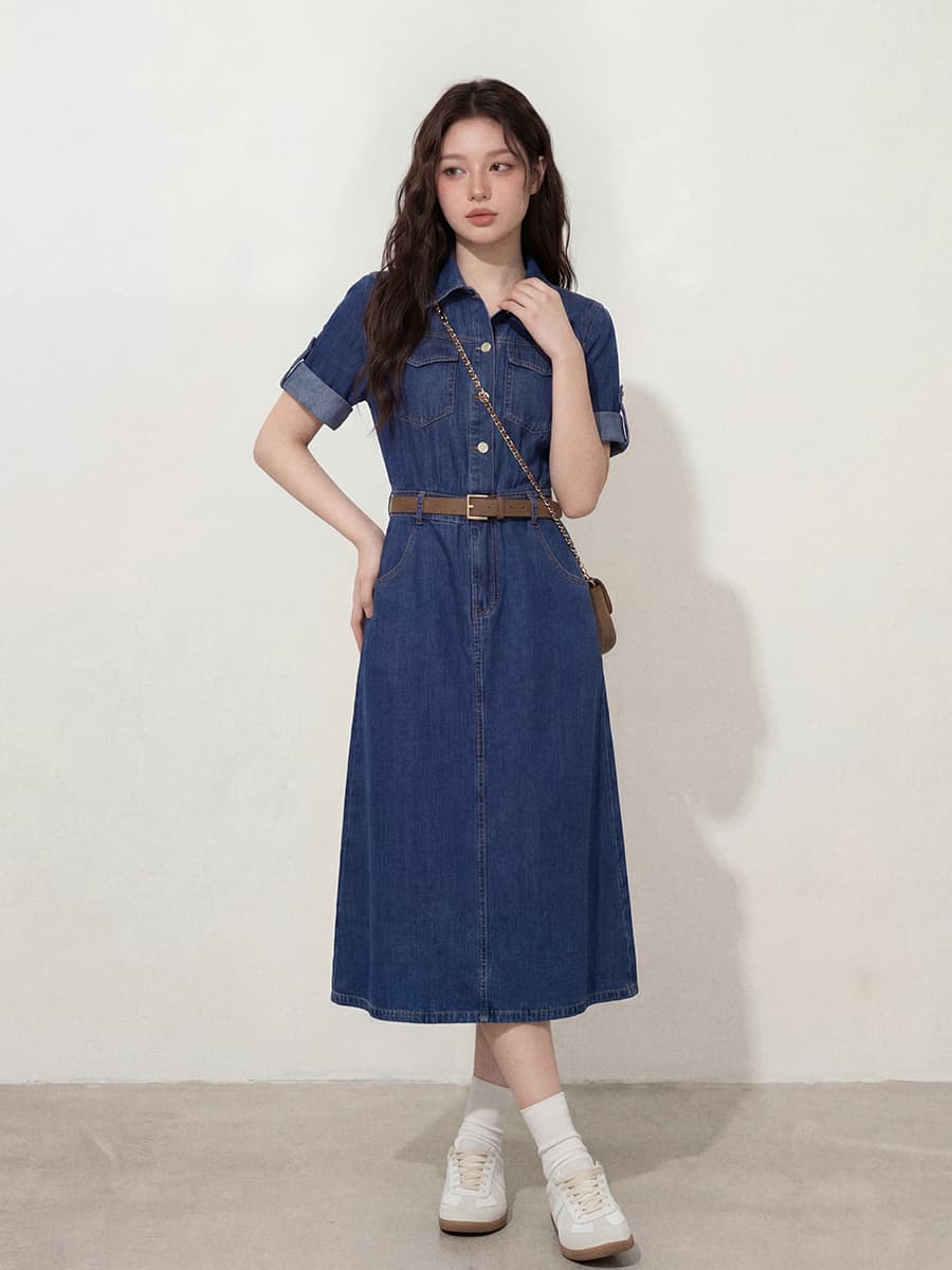 실사 l-4xl 빅 사이즈 여성 의류 여름 새로운 지방 mm 허리 수축 슬림해 보이는 길다 쇼트 스타일 반팔 데님 드레스 이미지 3