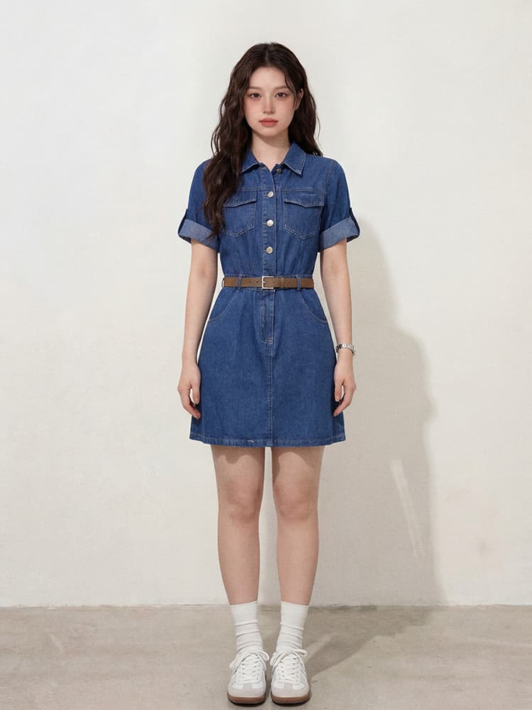 실사 l-4xl 빅 사이즈 여성 의류 여름 새로운 지방 mm 허리 수축 슬림해 보이는 길다 쇼트 스타일 반팔 데님 드레스 상세 이미지 3