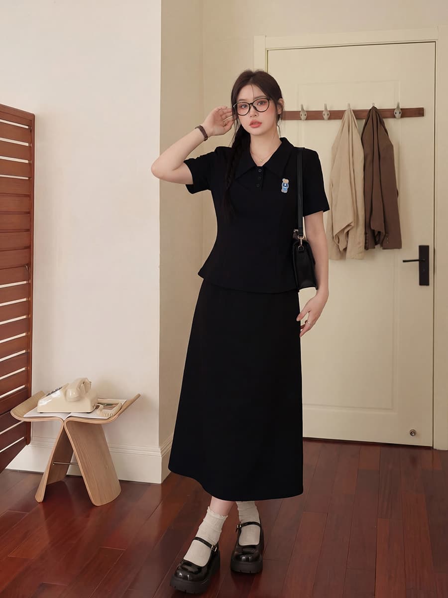 실사 s-4xl 여름 빅 사이즈 마이크로 지방 mm 캐주얼 세트 외국 가스 반팔 POLO 셔츠 티셔츠 슬림해 보이는 반신 스커트 이미지 4