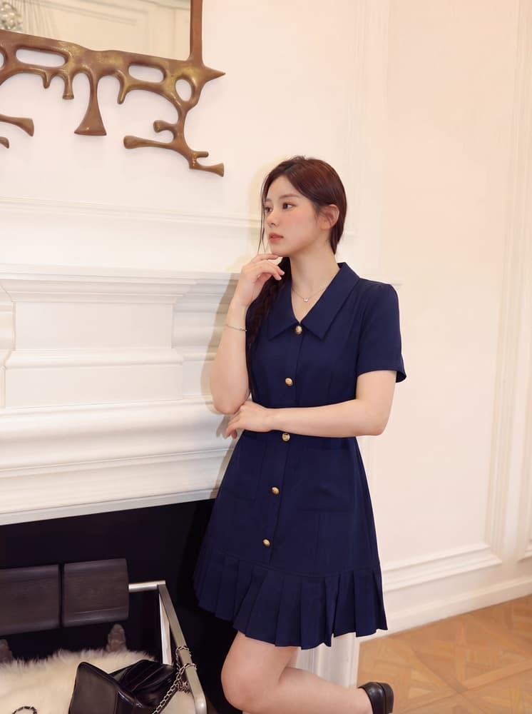 실사 s-4xl 품격 2026 여름 프랑스식 사소한 플리츠 치마 마이크로 지방 mm 허리 수축 반팔 드레스 상세 이미지 2