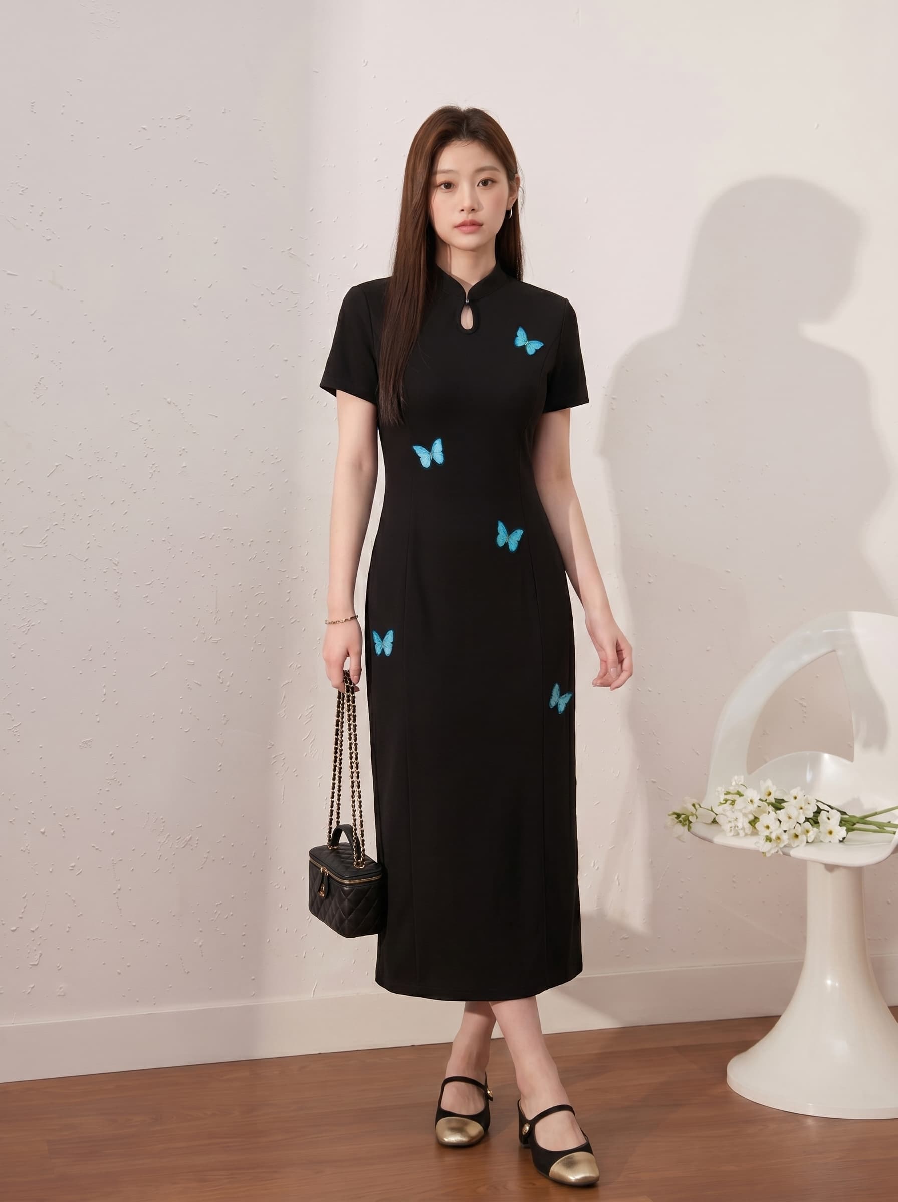 실사 빅 사이즈 여성 의류 2026 새로운 파란색 나비 자수 새로운 중식 드레스 지방 mm 품격 치파오 드레스