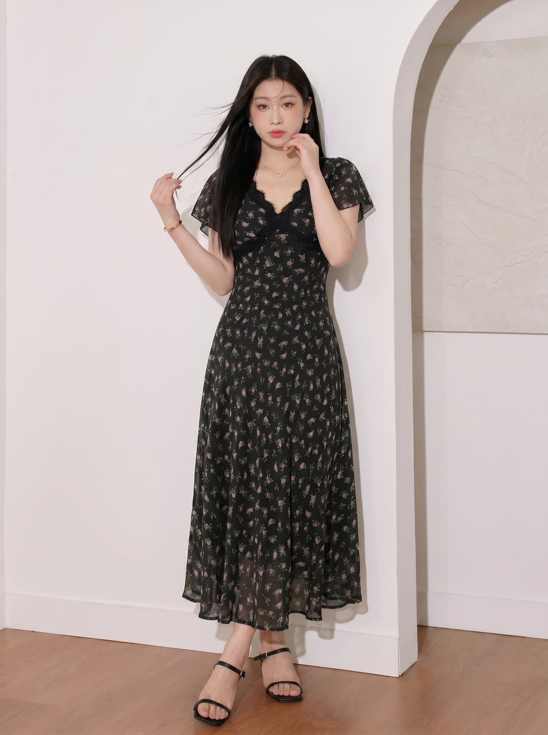실사 빅 사이즈 여름 새로운 한국 스타일 꽃무늬 드레스 레이스 레이스 패치워크 프린트 허리 수축 슬림해 보이는 롱 스커트 이미지 3