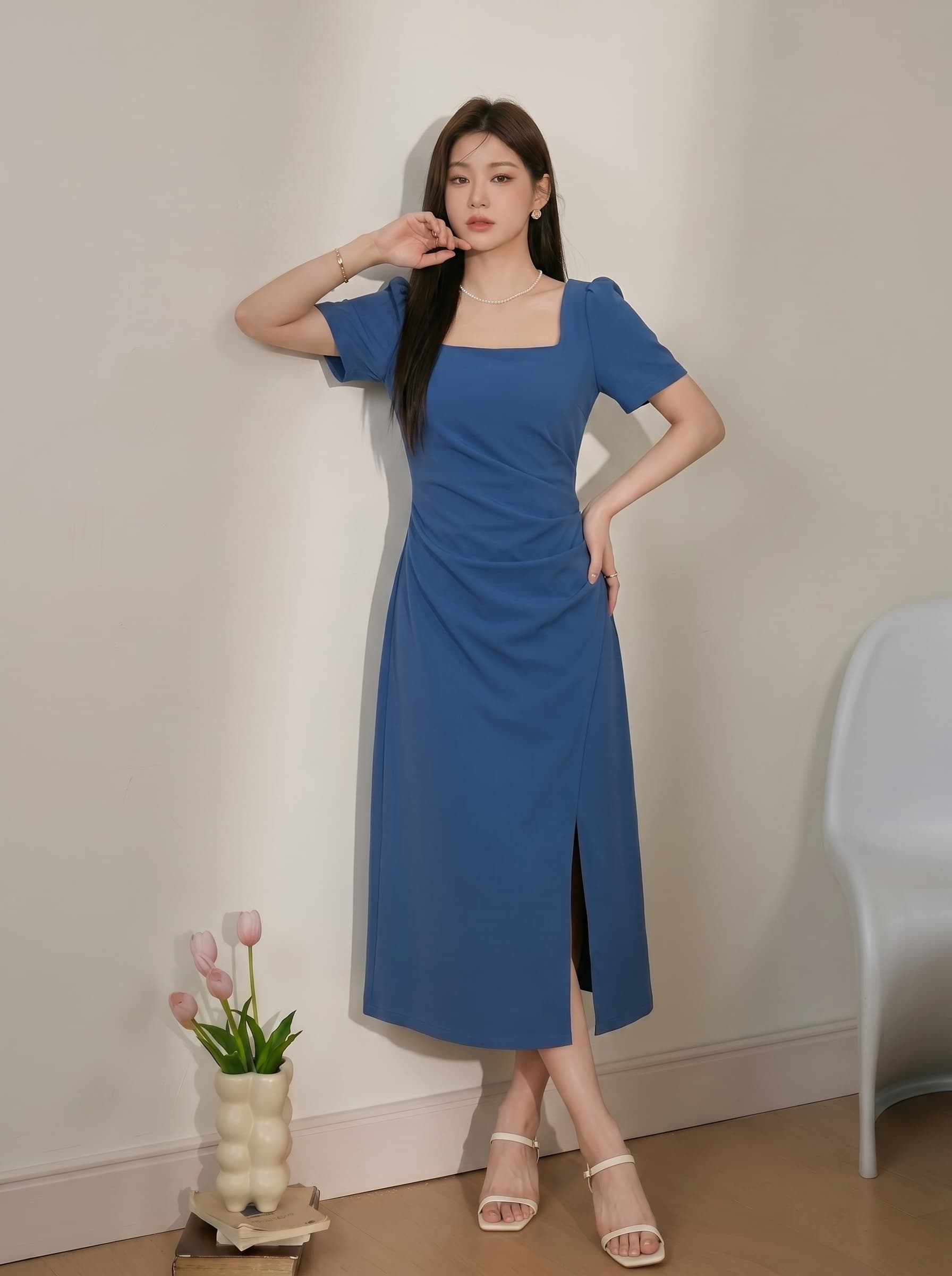 실사 빅 사이즈 여성 의류 새로운 여름 프랑스식 광장 칼라 주름 허리 수축 측면 트임 슬림해 보이는 품격 드레스 이미지 2