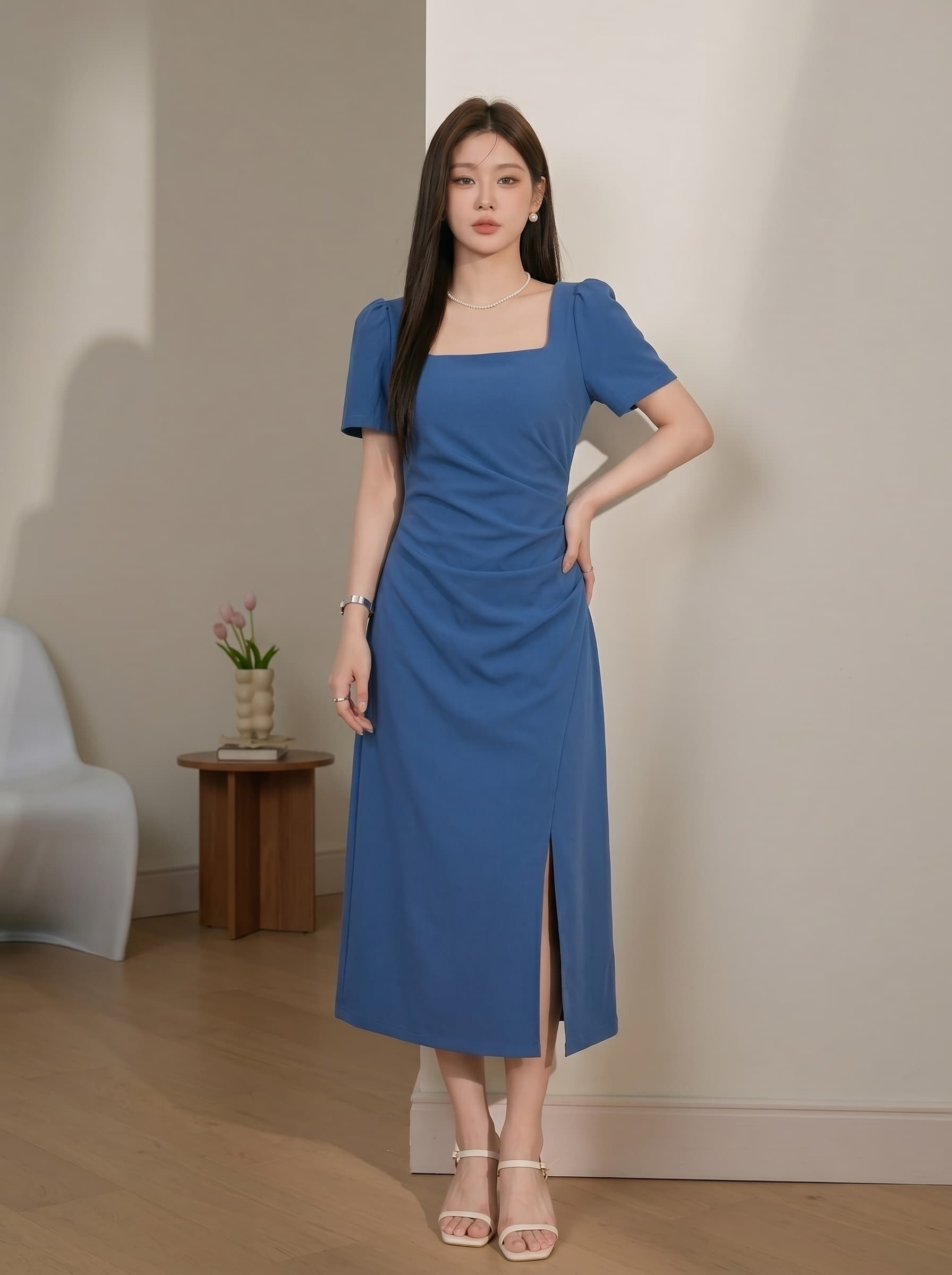실사 빅 사이즈 여성 의류 새로운 여름 프랑스식 광장 칼라 주름 허리 수축 측면 트임 슬림해 보이는 품격 드레스 상세 이미지 6
