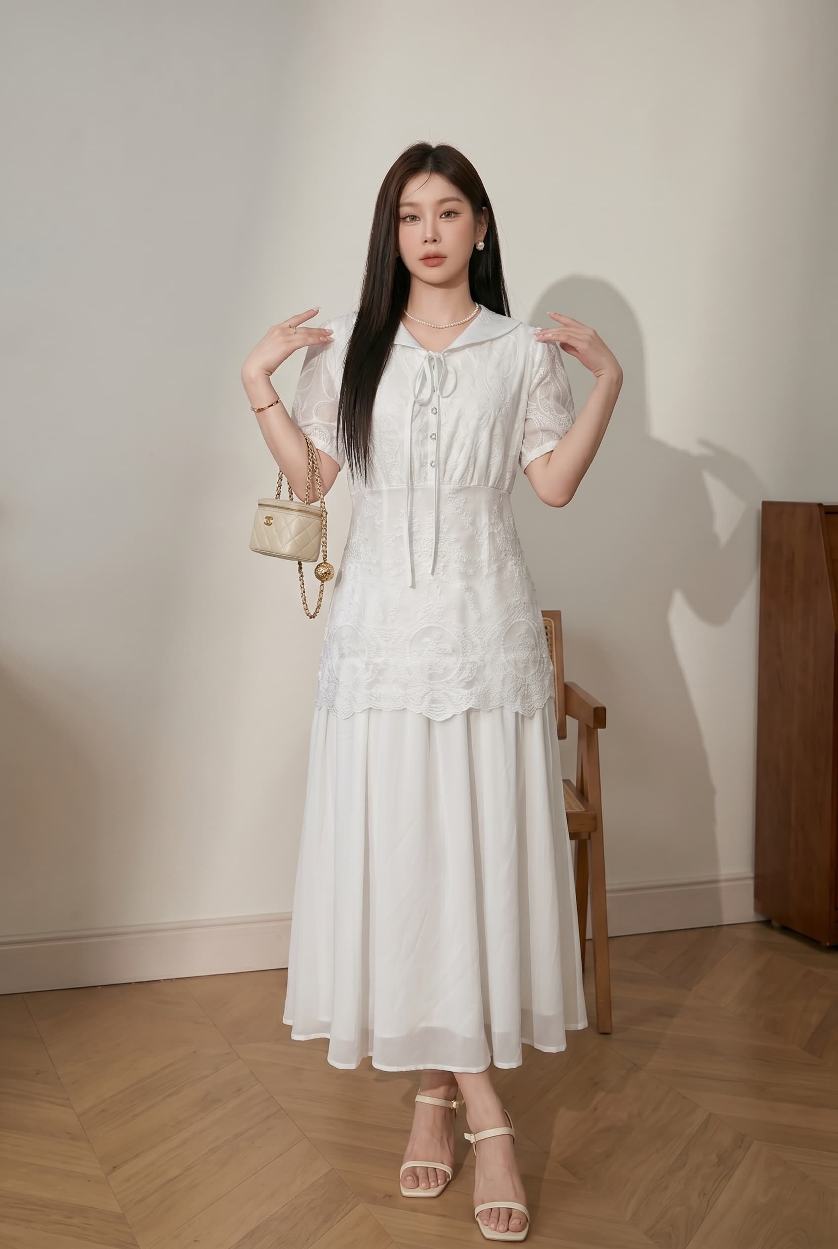 실사 빅 사이즈 학원 스타일 해군 칼라 여성 드레스 여름 새로운 한 부서 허리 수축 슬림해 보이는 한 마디 롱 코트 치마 이미지 2