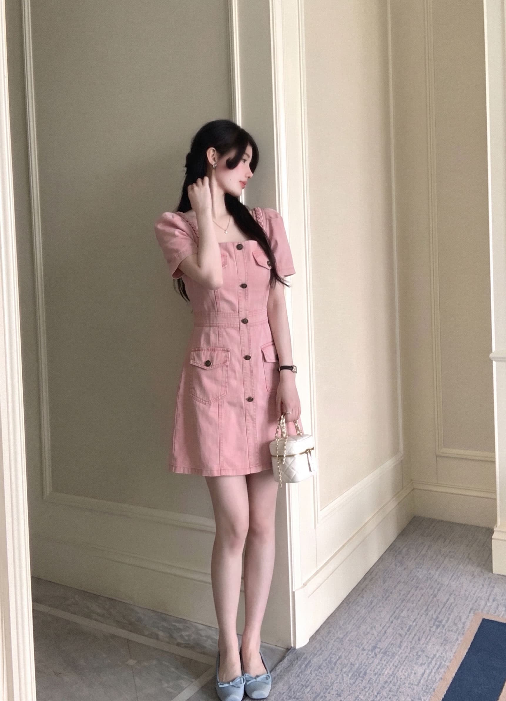 실사 빅 사이즈 여성 의류 면 100% 품격 폴로 칼라 주머니 데님 패션 드레스 지방 mm 숨기기 고기 데님 스커트 여성 이미지 4