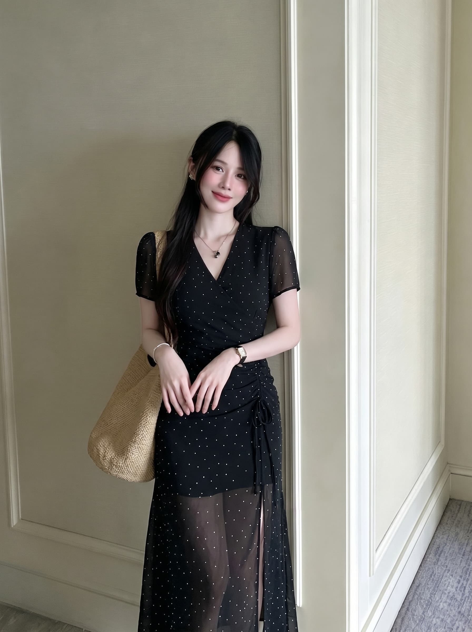 실사 s-4xl 빅 사이즈 여성 의류 여름 검정색 프랑스식 도트 무늬 펌프 로프 V넥 슬림해 보이는 반팔 점프 슈트 롱 스커트
