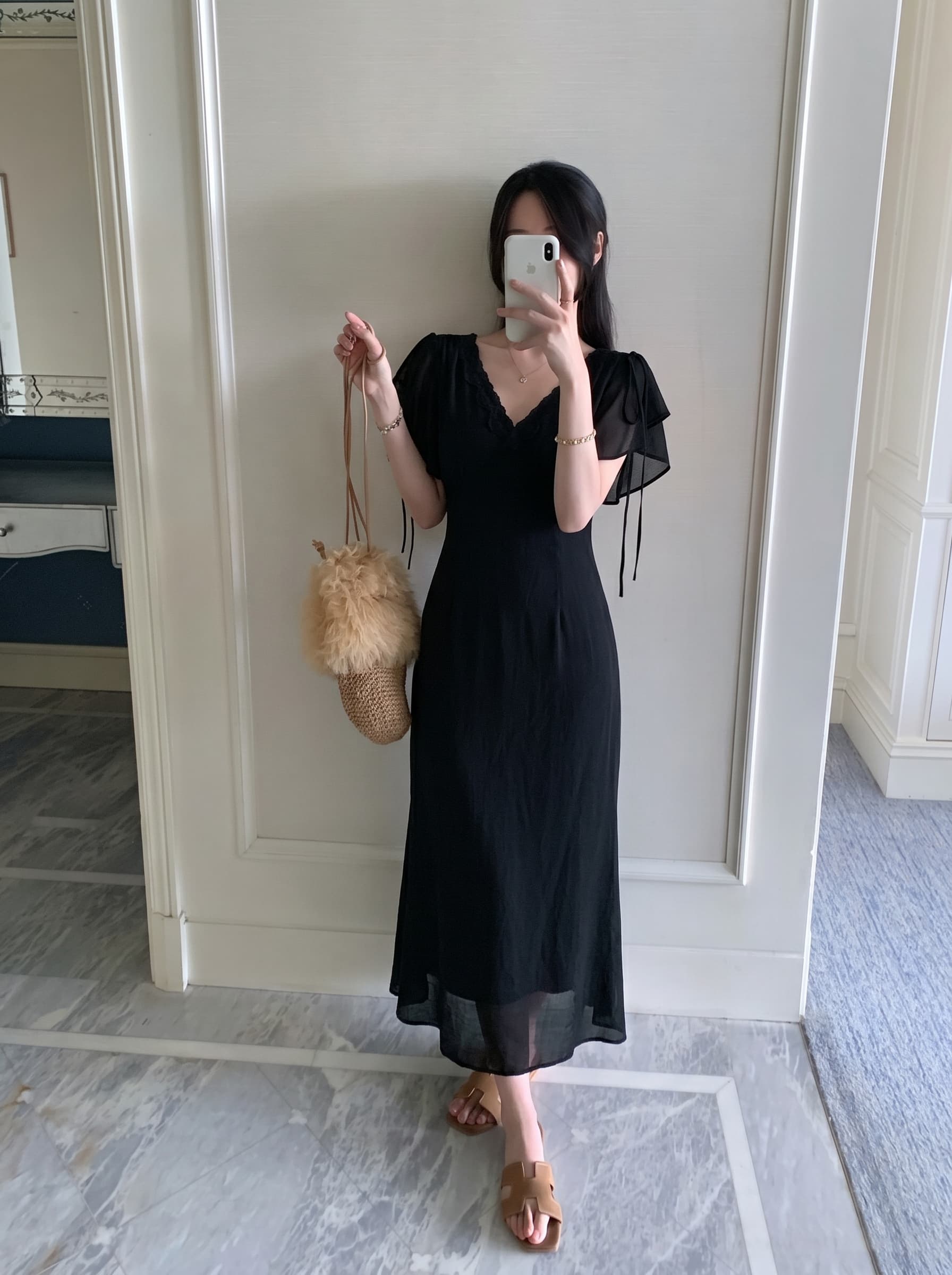 실사 빅 사이즈 여성 의류 그는 벤 바람 우아함 몸매 가꾸기 드레스 지방 mm 품격 부드러운 고급 센스 슬림해 보이는 롱 스커트 이미지 4