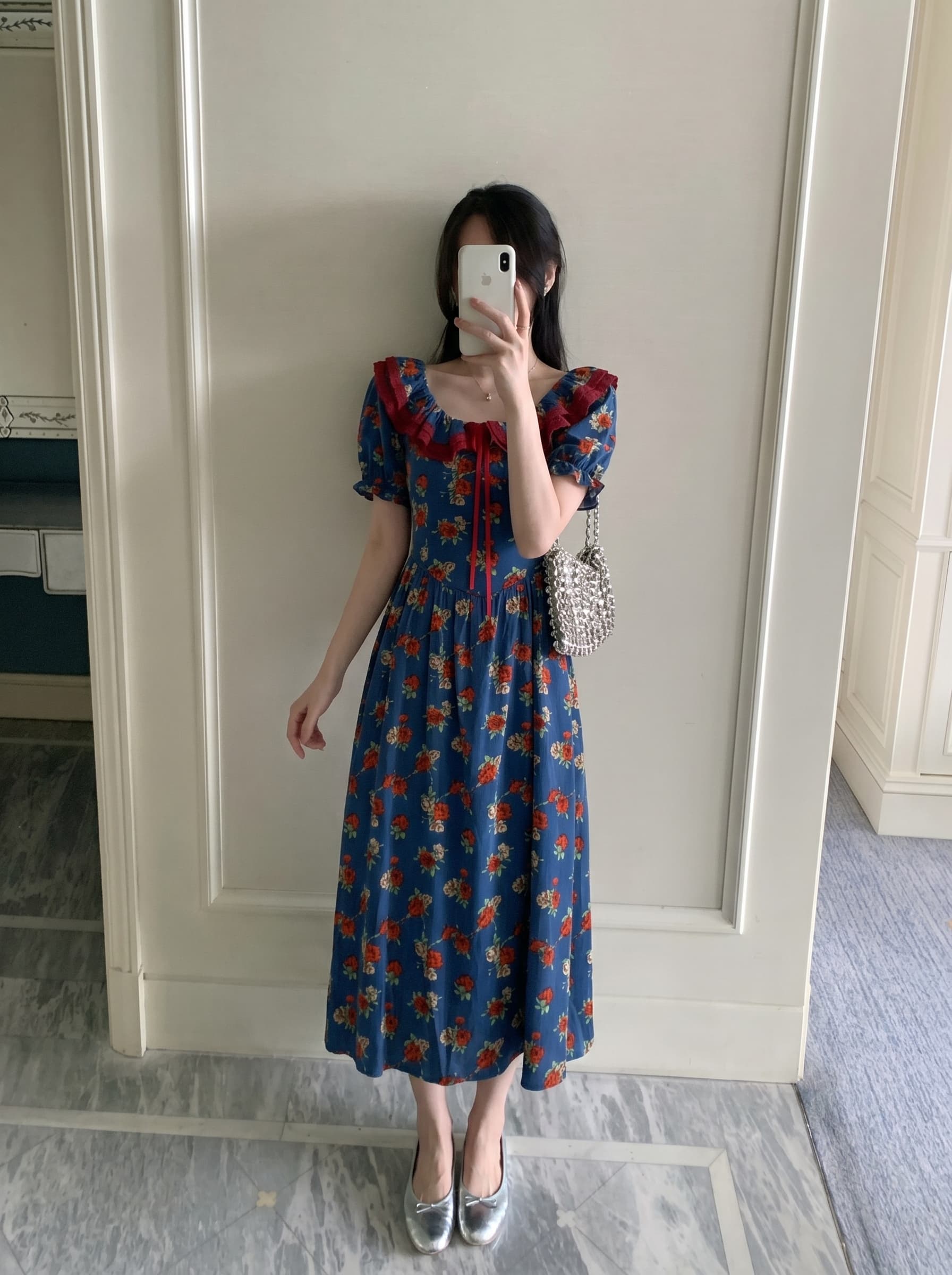 실사 빅 사이즈 여성 의류 프랑스식 레트로 허리 수축 꽃무늬 여성 드레스 지방 mm 새로운 숨기기 고기 슬림해 보이는 롱 스커트 상세 이미지 6