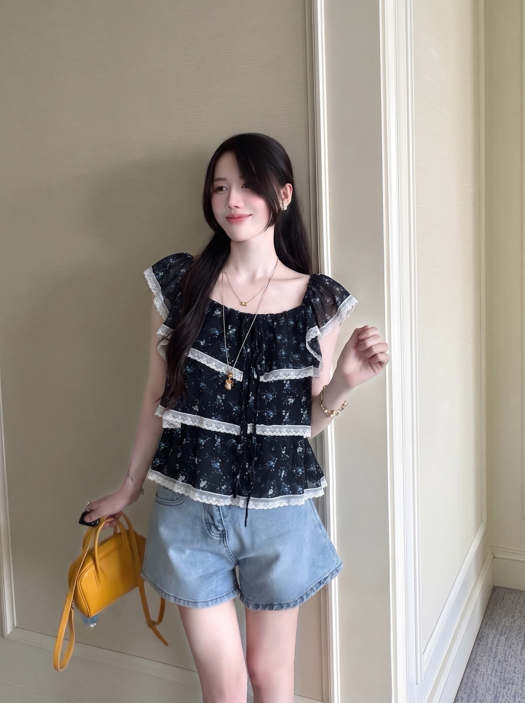 실사 빅 사이즈 프랑스식 부드러운 바람 파란색 프릴 Feifei 소매 꽃무늬 셔츠 여름 디자인 센스 작은 대중 맨위 이미지 3