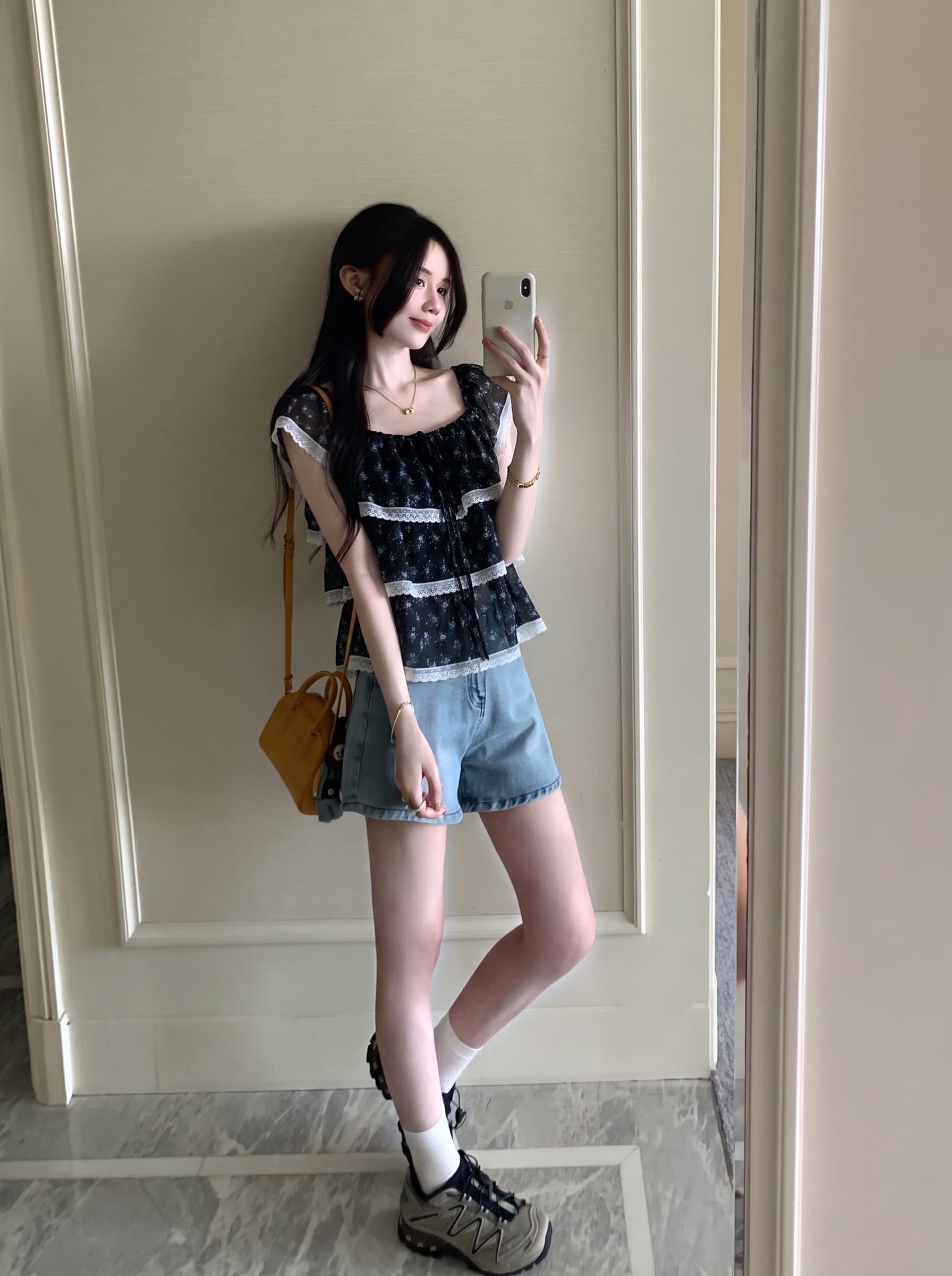 실사 빅 사이즈 프랑스식 부드러운 바람 파란색 프릴 Feifei 소매 꽃무늬 셔츠 여름 디자인 센스 작은 대중 맨위 상세 이미지 4