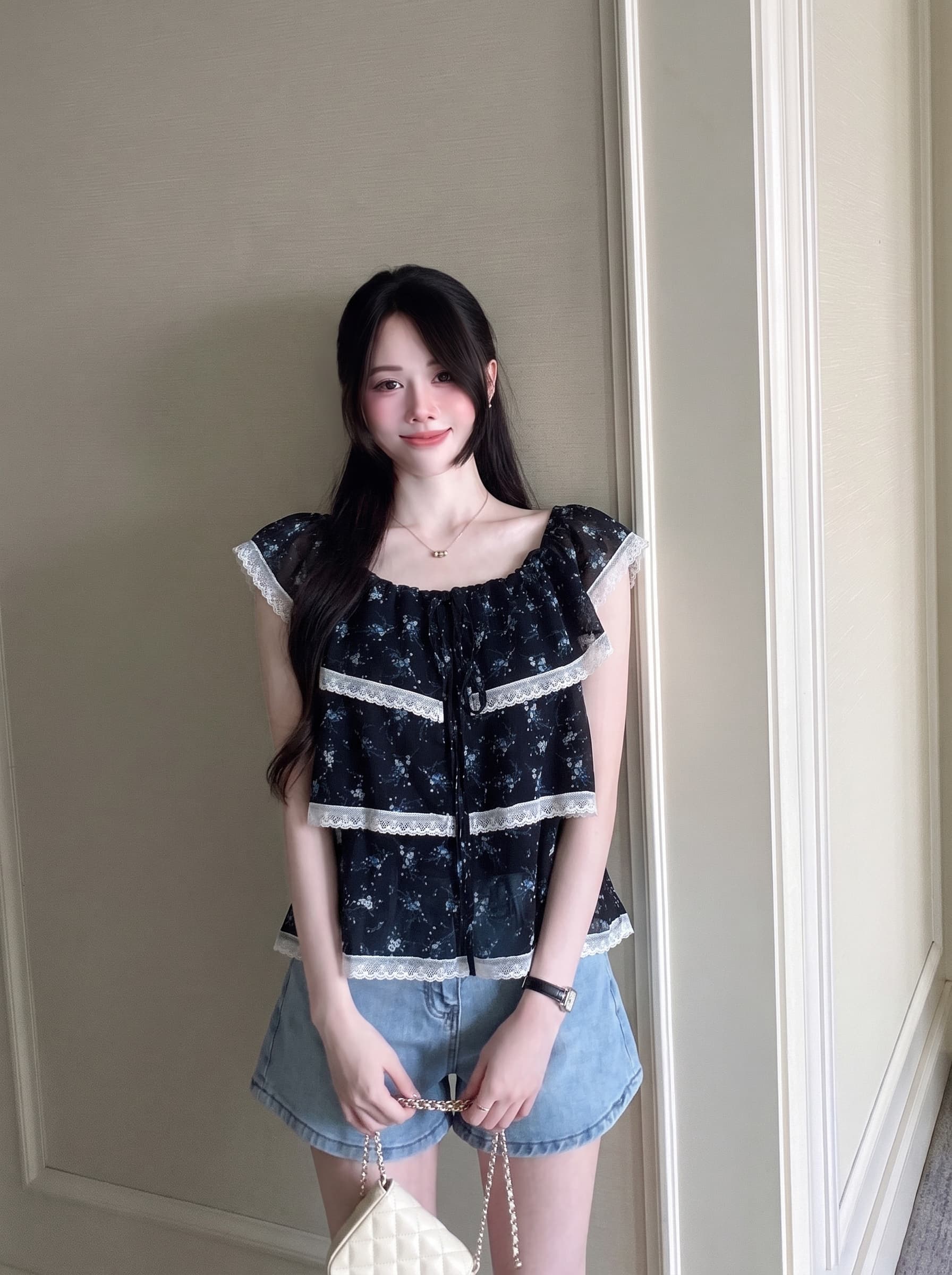 실사 빅 사이즈 프랑스식 부드러운 바람 파란색 프릴 Feifei 소매 꽃무늬 셔츠 여름 디자인 센스 작은 대중 맨위 상세 이미지 5