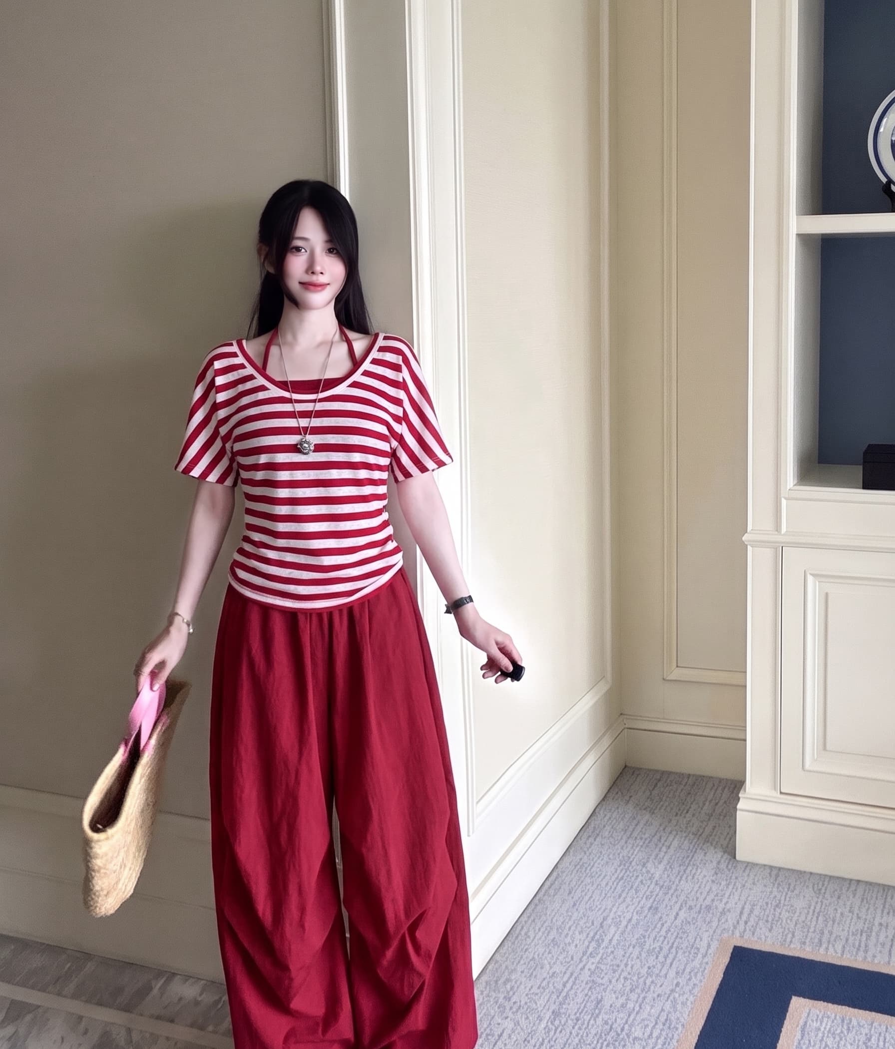 실사 빅 사이즈 여름 새로운 거리 바람 스트라이프 패치워크 반팔 다용도 루즈핏 표지 고기 u 칼라 투피스 세트 티셔츠 이미지 3