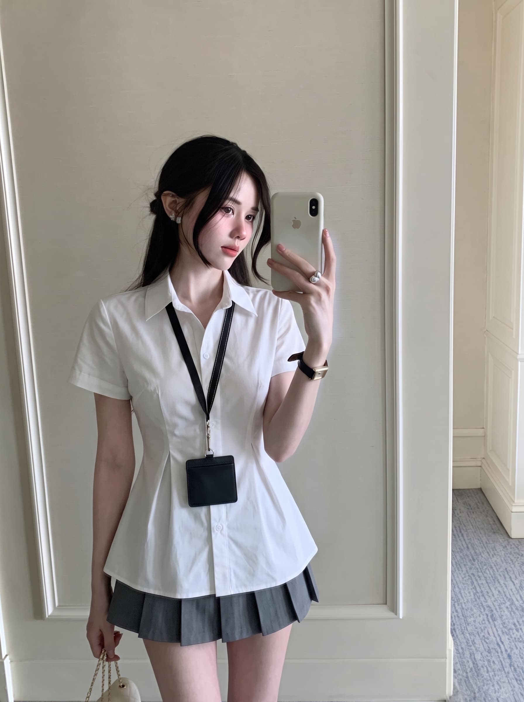 실사 빅 사이즈 한 부서 레트로 출퇴근 바람 POLO 칼라 반팔 셔츠 여름 새로운 허리 수축 디자인 센스 맨위 이미지 2