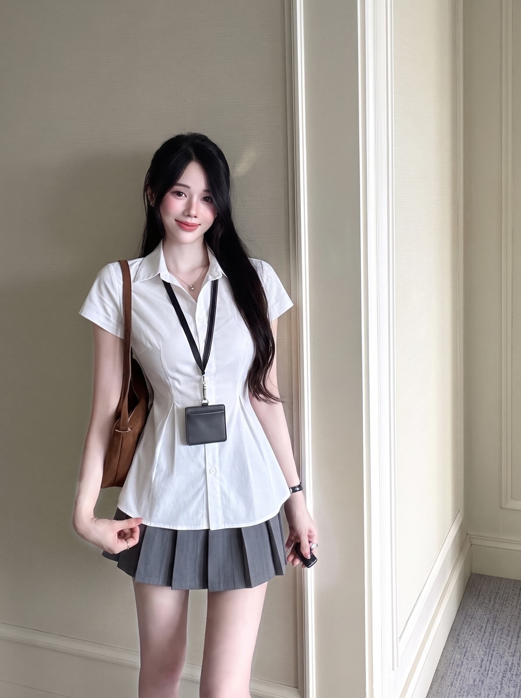 실사 빅 사이즈 한 부서 레트로 출퇴근 바람 POLO 칼라 반팔 셔츠 여름 새로운 허리 수축 디자인 센스 맨위 상세 이미지 2