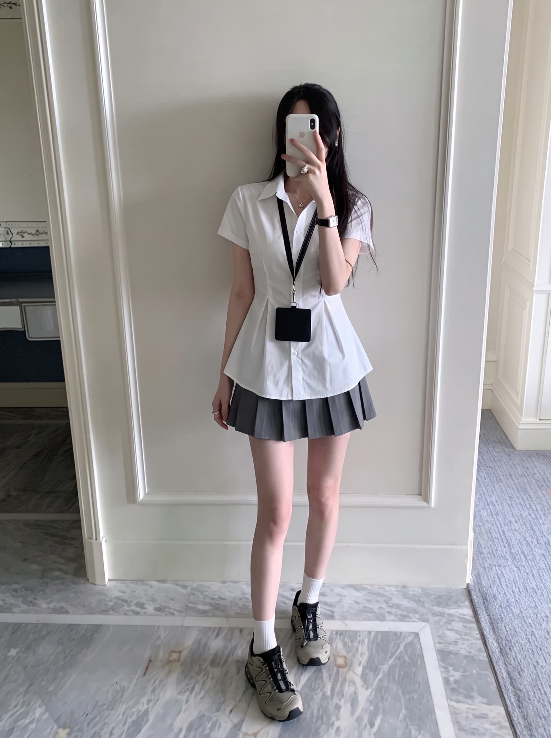 실사 빅 사이즈 한 부서 레트로 출퇴근 바람 POLO 칼라 반팔 셔츠 여름 새로운 허리 수축 디자인 센스 맨위 상세 이미지 6