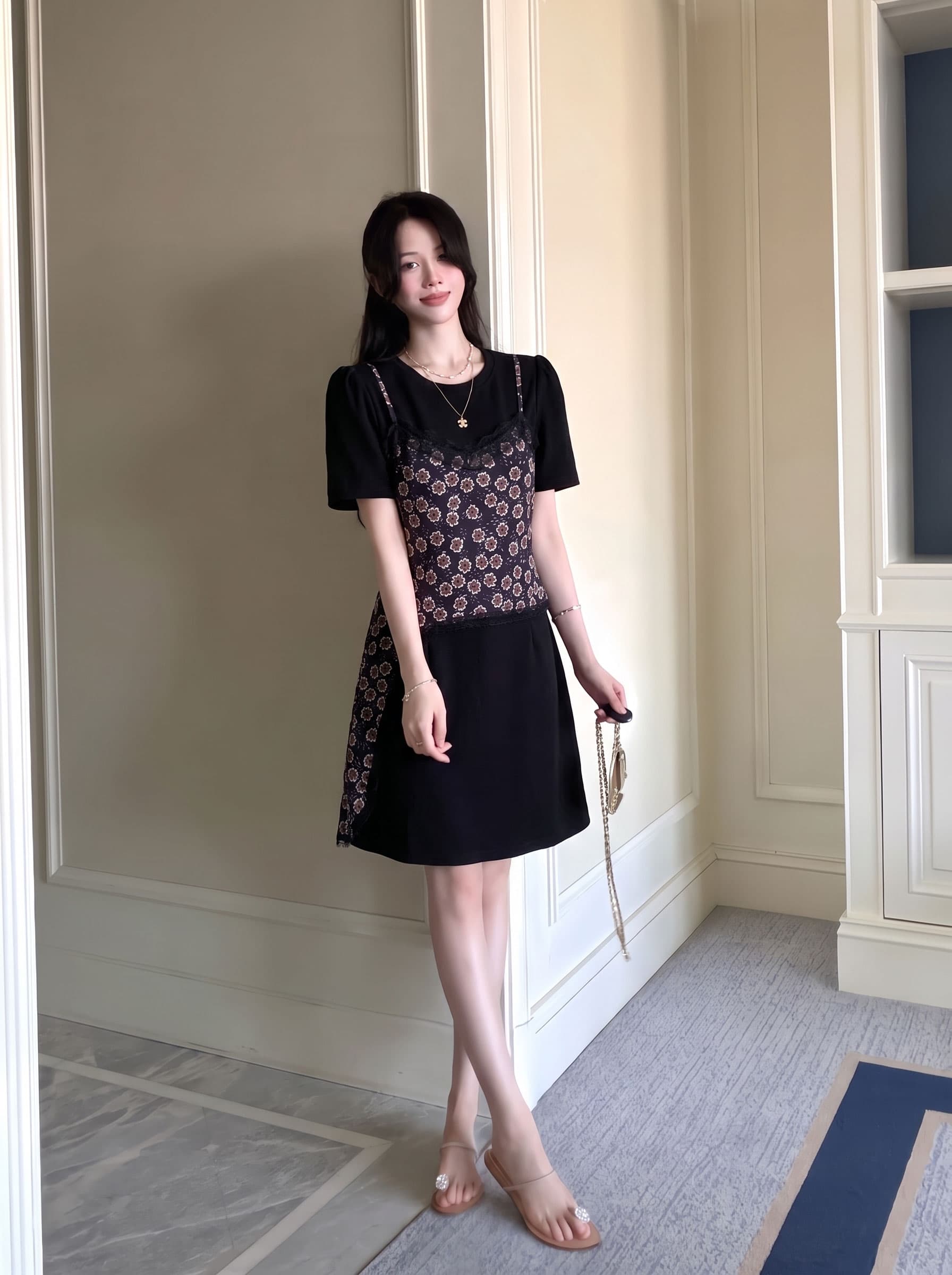 실사 빅 사이즈 지방 mm 여름 새로운 프랑스식 페이크 레이어드 허리 수축 품격 패션 슬림해 보이는 표지 고기 한 마디 드레스 상세 이미지 7