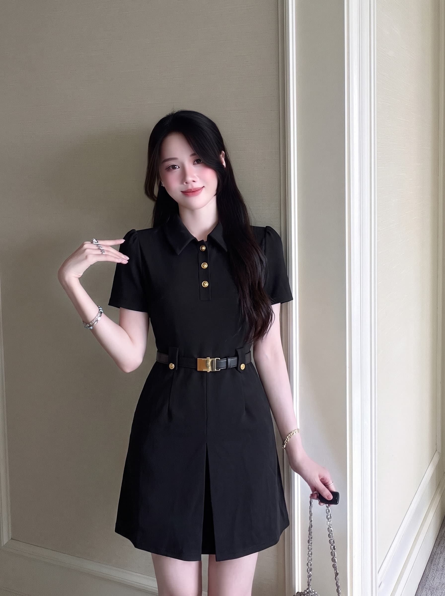 빅 사이즈 여성 의류 여름 새로운 프랑스식 그는 벤 바람 정장 고급 센스 A라인 스커트 하이웨이스트 검정색 드레스