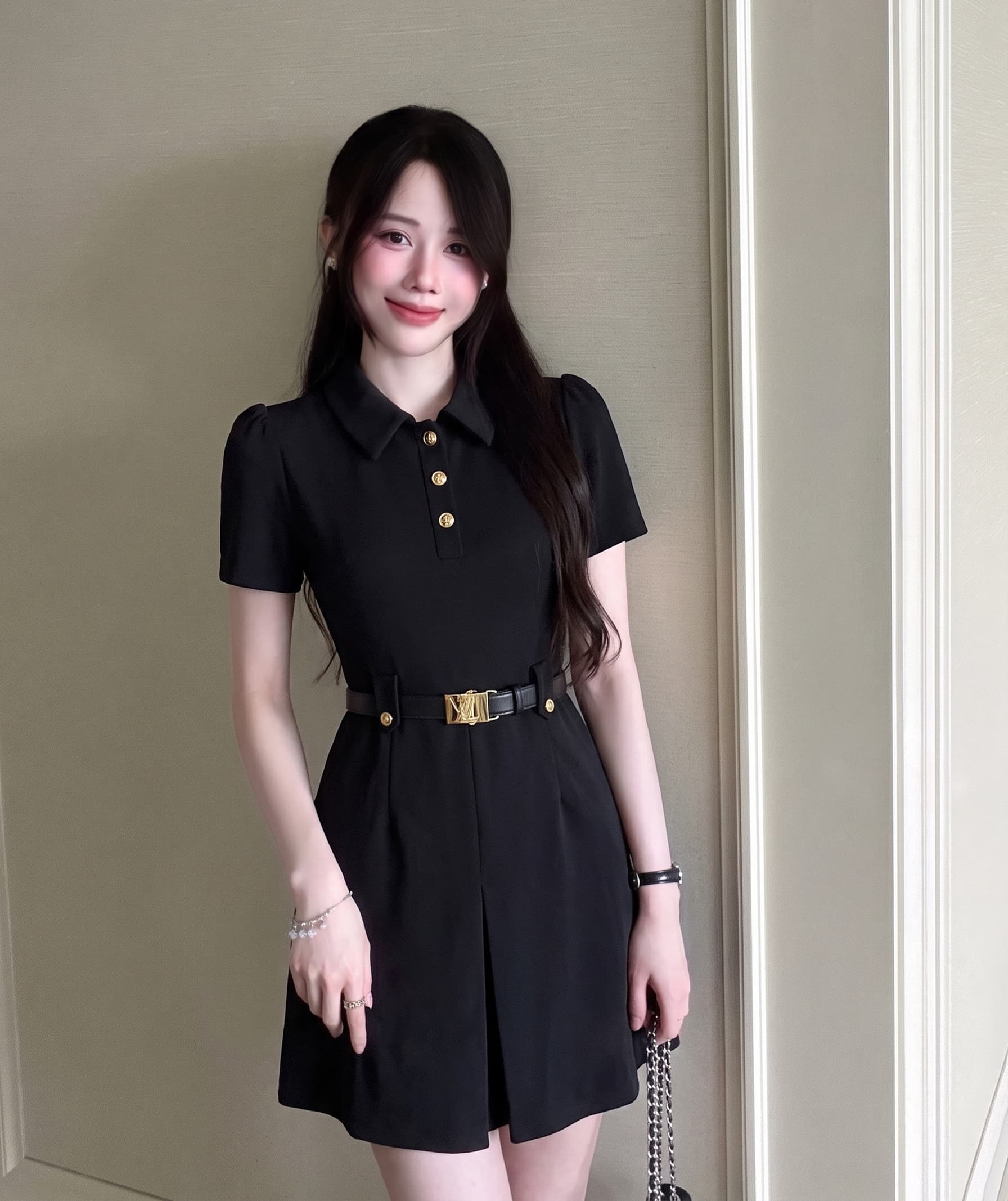 빅 사이즈 여성 의류 여름 새로운 프랑스식 그는 벤 바람 정장 고급 센스 A라인 스커트 하이웨이스트 검정색 드레스 상세 이미지 3