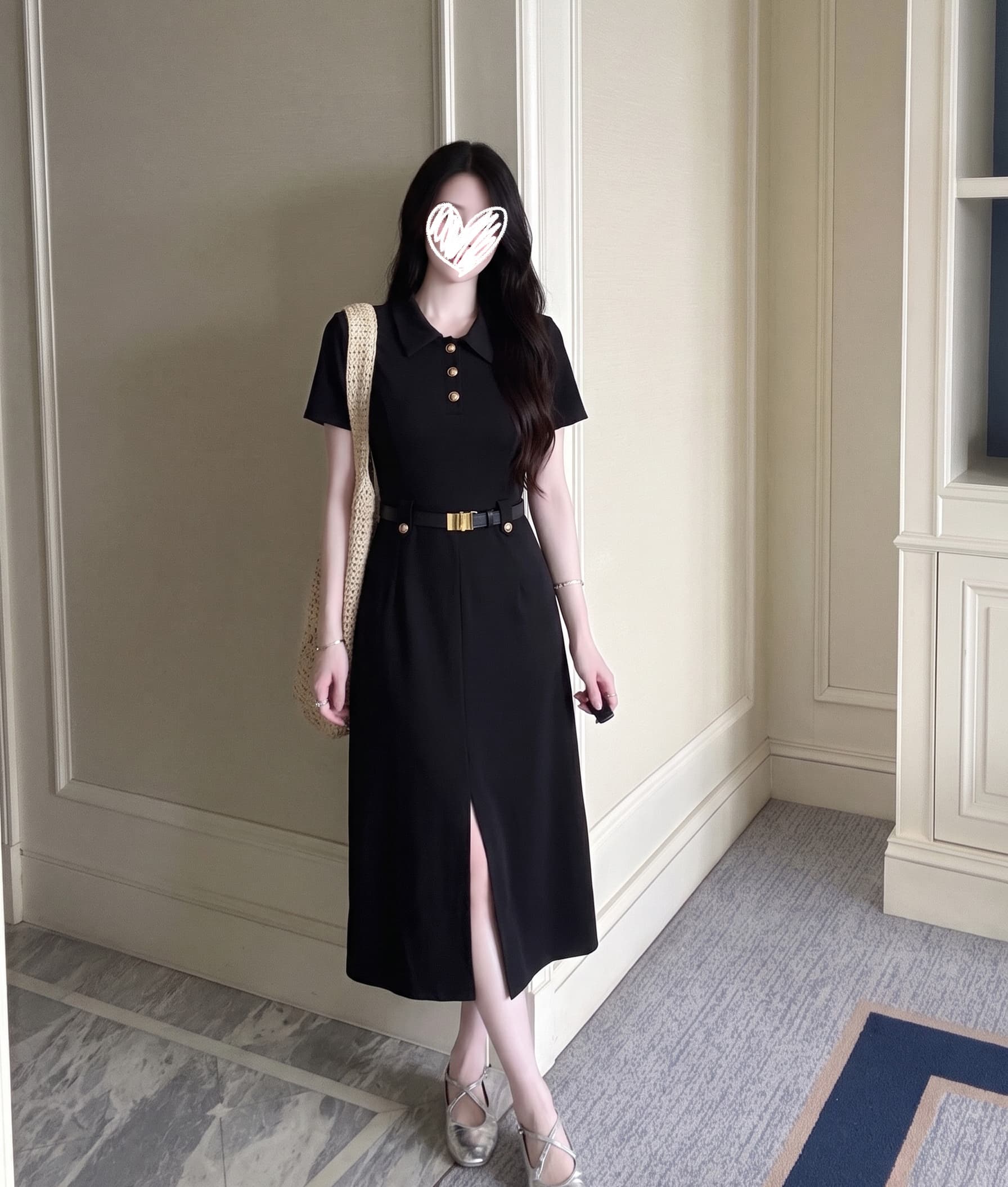 빅 사이즈 여성 의류 여름 새로운 프랑스식 그는 벤 바람 정장 고급 센스 A라인 스커트 하이웨이스트 검정색 드레스 상세 이미지 5