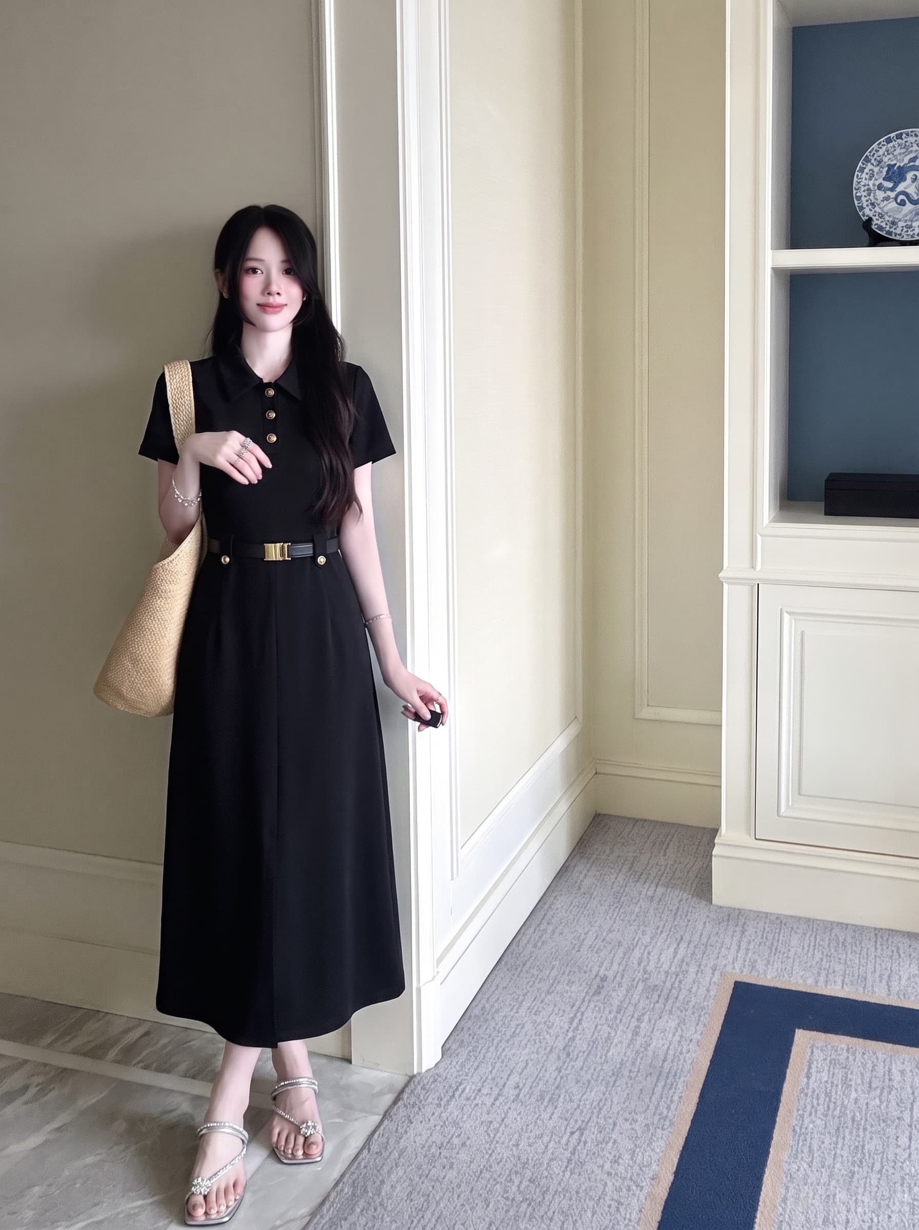 빅 사이즈 여성 의류 여름 새로운 프랑스식 그는 벤 바람 정장 고급 센스 A라인 스커트 하이웨이스트 검정색 드레스 상세 이미지 6
