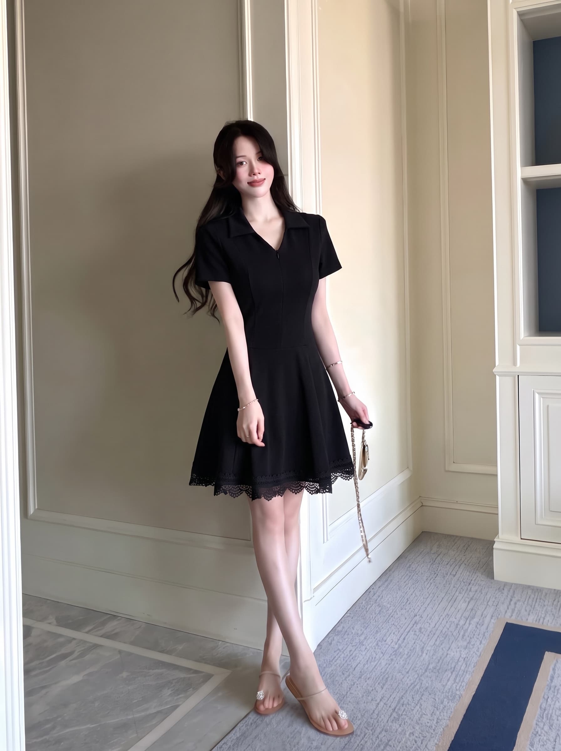 실사 빅 사이즈 여성 의류 여름 2026 검정색 그는 벤 바람 고급 센스 레이스 반팔 드레스 마이크로 지방 mm 치마 상세 이미지 6