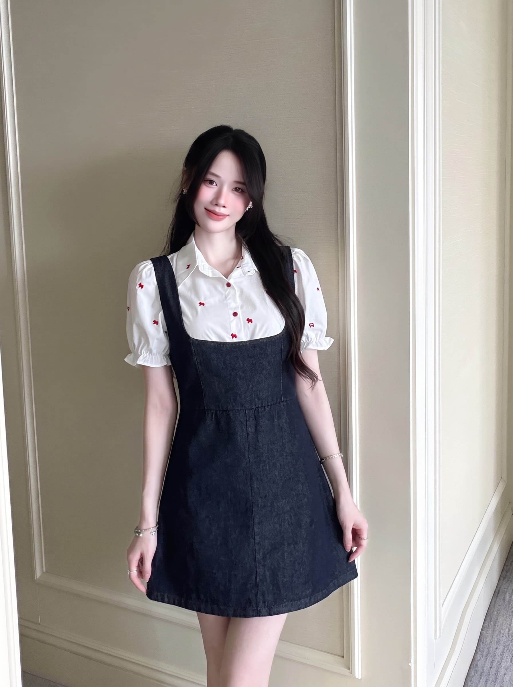 빅 사이즈 여성 의류 품격 부드러운 프릴 셔츠 데님 멜빵 드레스 새로운 캐주얼 투피스 세트 상세 이미지 2