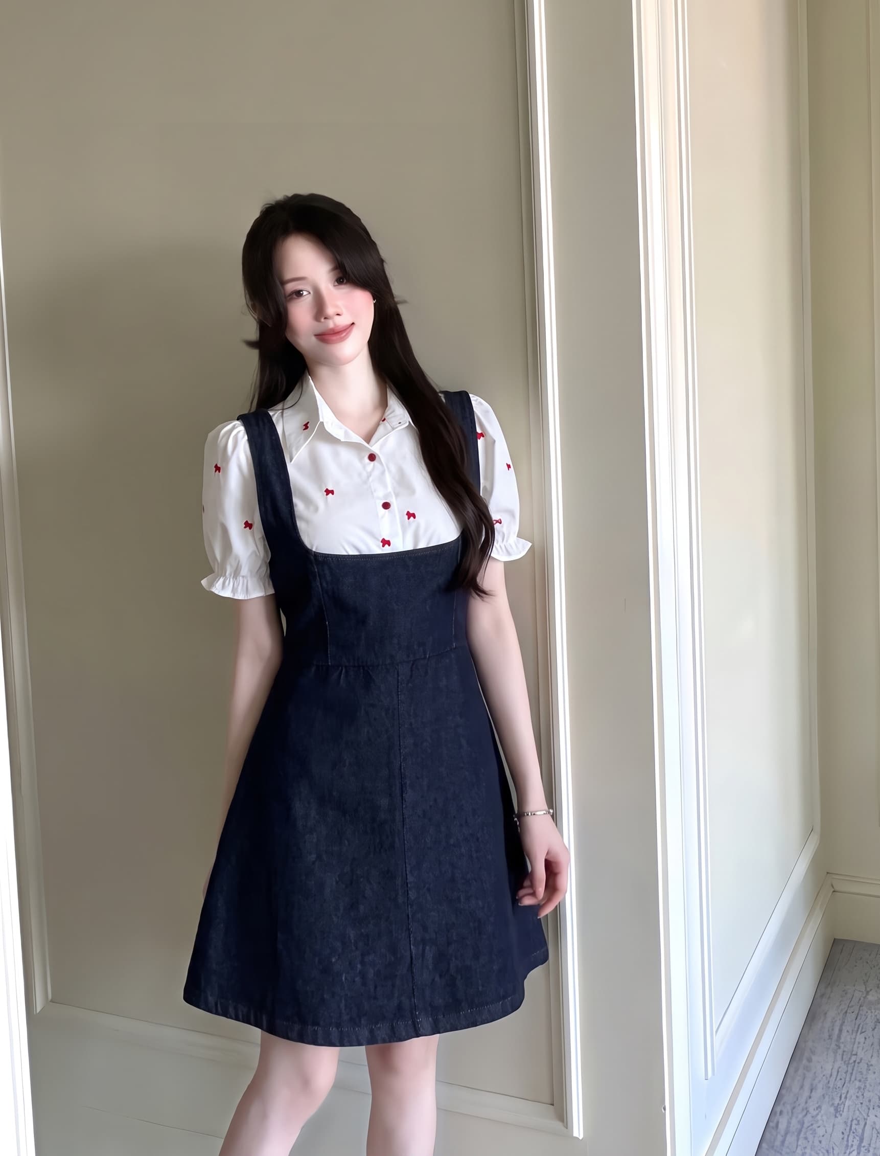 빅 사이즈 여성 의류 품격 부드러운 프릴 셔츠 데님 멜빵 드레스 새로운 캐주얼 투피스 세트 상세 이미지 7